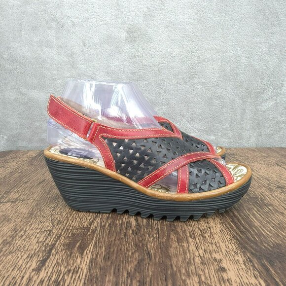 Fly London Ynes Wedges Sandals 37 6 Black Red Leather Perforated Open Toe Cutout - Picture 6 of 14